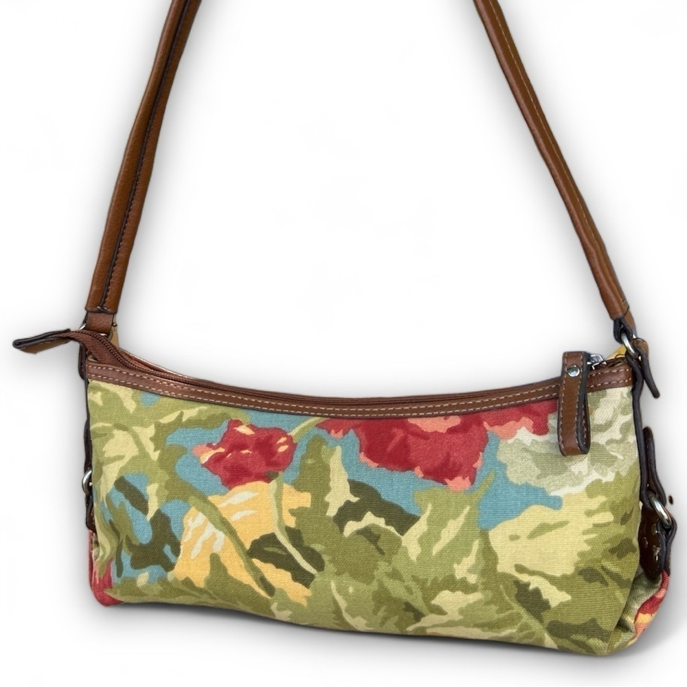 Relic Mid Century Blue & Yellow Floral Cloth Tan Vegan Leather Shoulder Purse